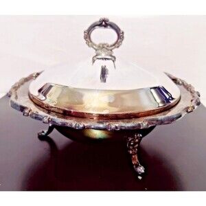 Vintage 1970 Silver Plated Fruit Dish W/ Pyrex Glass Insert 12" Rogers Silver Co